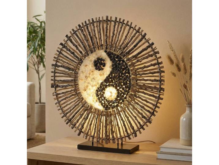 Woru Tischlampe Ying Yang Batur, Holz dunkel, für Wohn- / Esszimmer, Stein, Design
