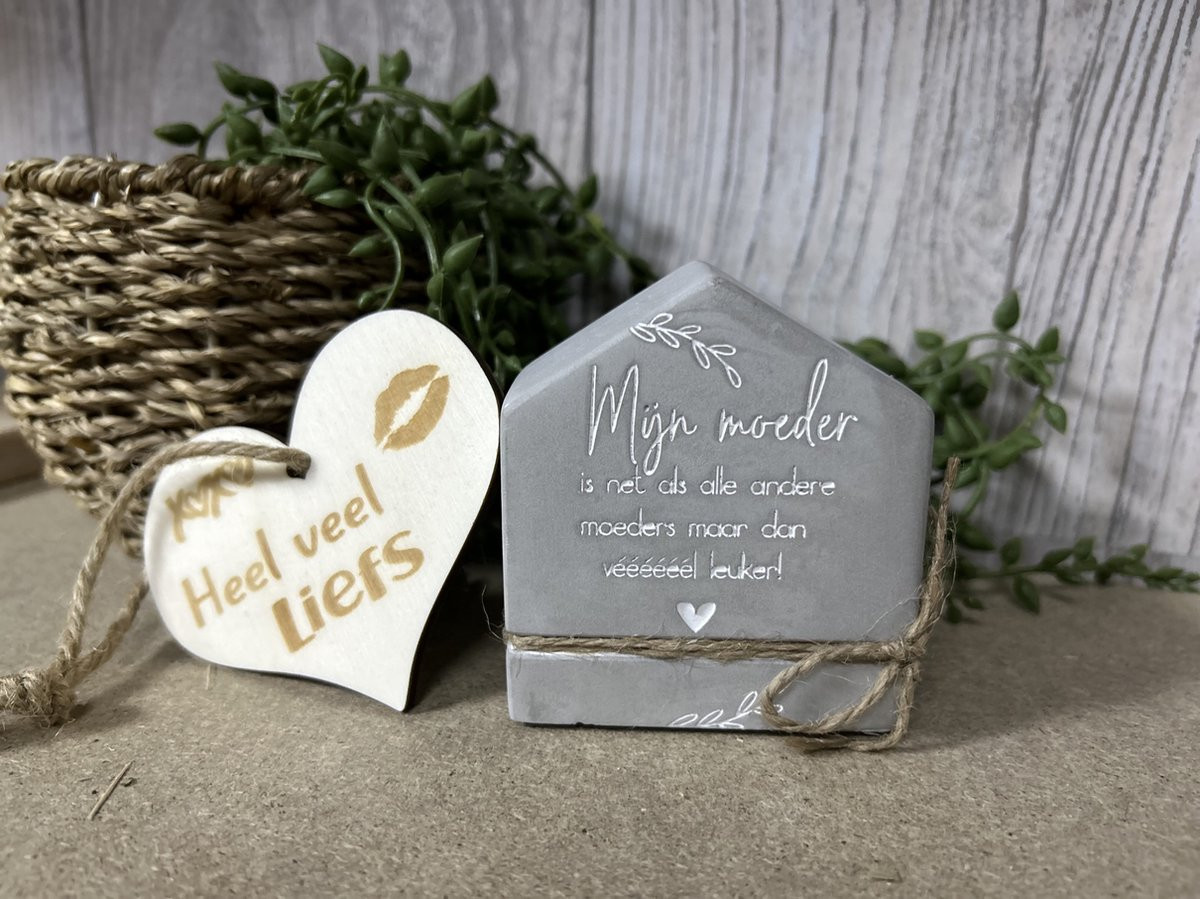 Creaties van Hier Cement House Moeder met houten hartje - 8 cm