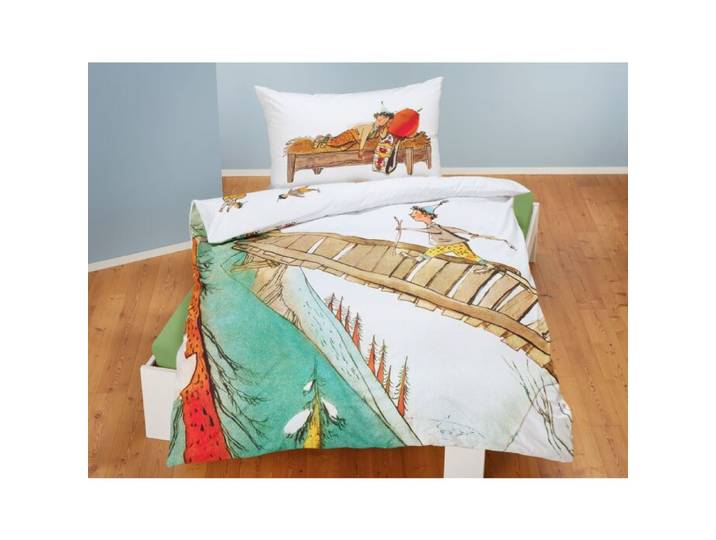 Bettwäsche mit Schellen-Ursli auf der Holzbrücke – Garnitur – 50x70 cm / 160x210 cm