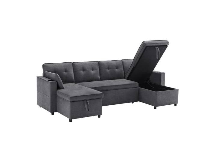 i@home Schlafsofa U-förmiges Sofa mit Schlaffunktion, Polstersofa, mit Getränkehalter, Stauräume, Dunkelgrau/Weiß