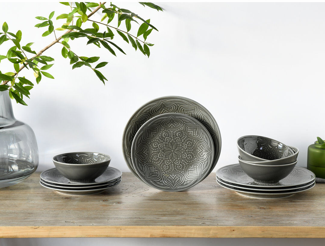 Creatable Orient Mandala Porcelain China Dinnerware Set 12 Piece - Service for 4 Grey 12