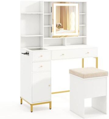 Costway Makeup Dressing Table and Stool set with 3 Lighting Modes and Cabinet-White