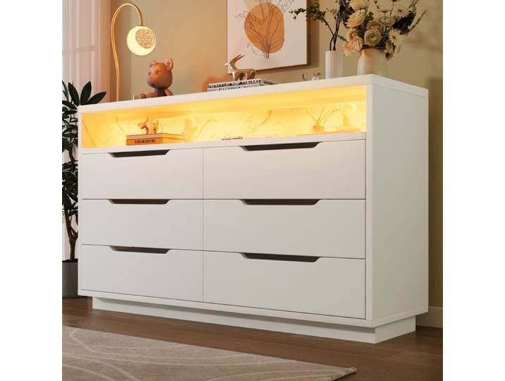 Buffet commode - 120x40x85 cm - 6 tiroirs - LED multifonction - Finition marbrée