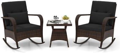 Costway 3 Pieces Outdoor Rocking Set with Tempered Glass Coffee Table for Backyard Poolside-Black