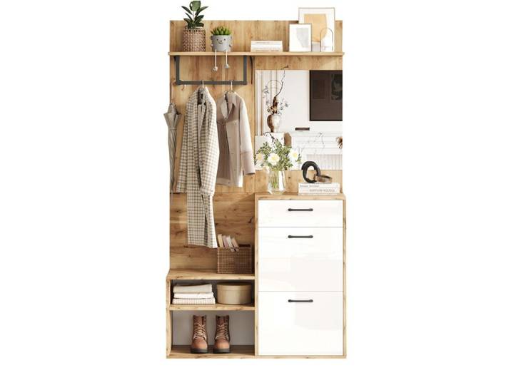 Vestiaire d'entrée 100x38 5x190 cm avec miroir banc à chaussures 1 tiroir 2 abattants blanc et bois