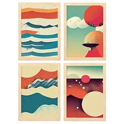 POSTER Set mit 4 Abstrakt Wellen Moderne Galaxien A4 Rahmen aus hellem Holz