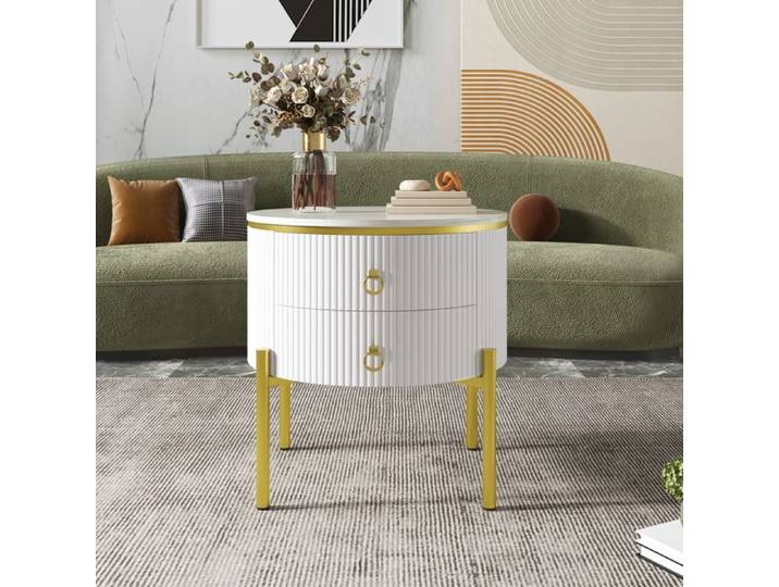Table Basse Blanche Ronde Table Basse Effet Marbre avec 2 Tiroirs Table d'Appoint Jambes de Table Réglables 50x50x51cm