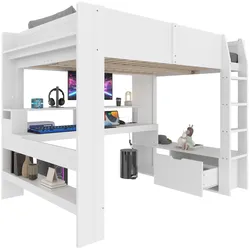 STILVORA Hochbett 140x200 Kiefernholz MDF mit Schreibtisch, LED-Beleuchtung, Regale, Schubladen, Stauraum, Multifunktional, Weiß