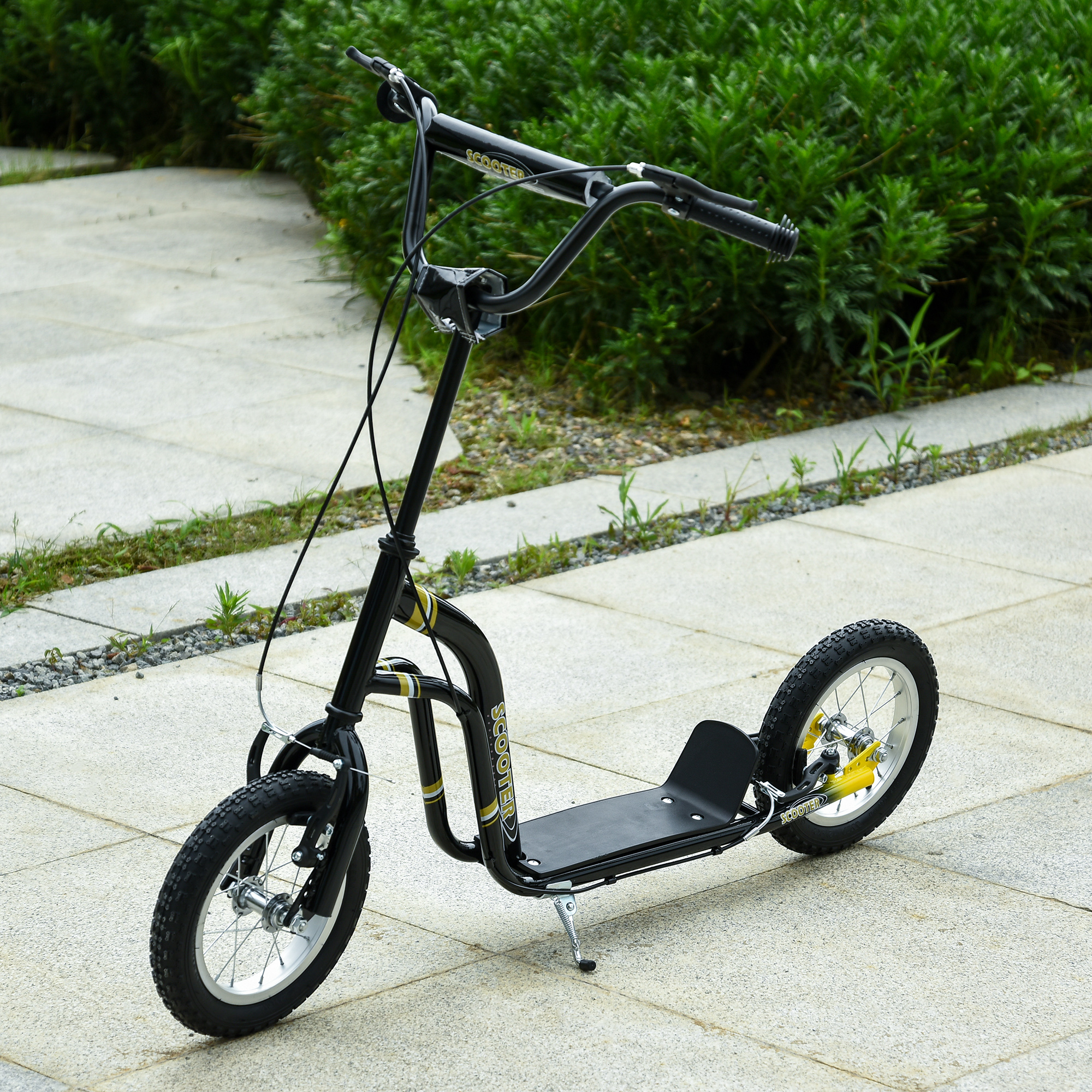 Homcom Monopattino per Bambini Oltre 5 Anni Grandi Ruote Manubrio Regolabile 2 Freni Controllati dalla Maniglia Cavalletto Laterale 120 x 58 x 85-95 cm Nero