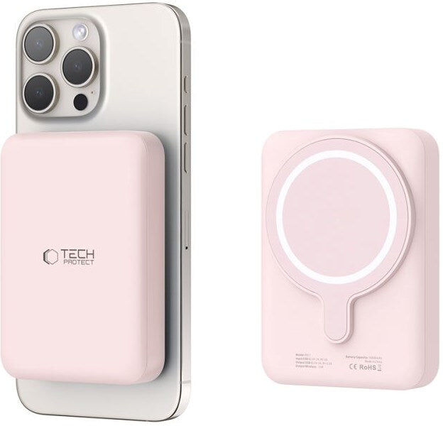 Tech-Protect LifeMag Trådløs Powerbank 10000 mAh - MagSafe Kompatibel - Lyserød