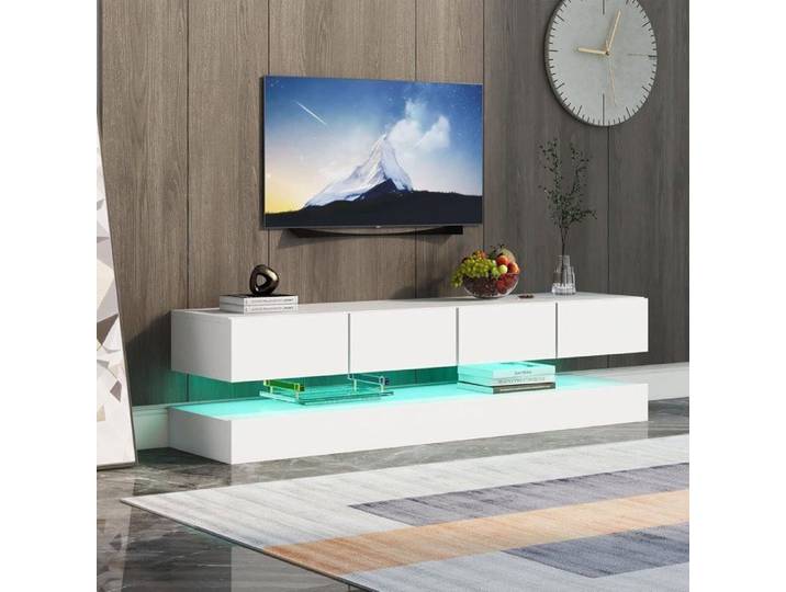 Meuble TV avec Lumières LED Armoire de Télévision Meuble Télé de Salon Pour téléviseur de 155 cm Meuble TV bas brillant Blanc