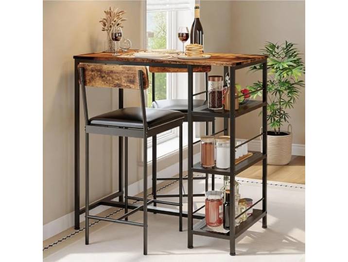 IDEALHOUSE 3-Teiliges Barhochstuhl-Set Mit Tisch Für 2 Personen platzsparendes Esszimmer-Möbelset mit integriertem Weinregal, modernes Küchentisch-Set