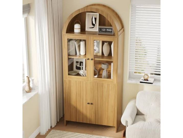 RAPRAP 176cm Bogen Vitrinenschrank Sideboard Glas, Doppeltüren Wellenmuster Gewölbter Küchenschrank mit Offener Bogenoberseite, geschlossenen Fächern & stabiler Konstruktion