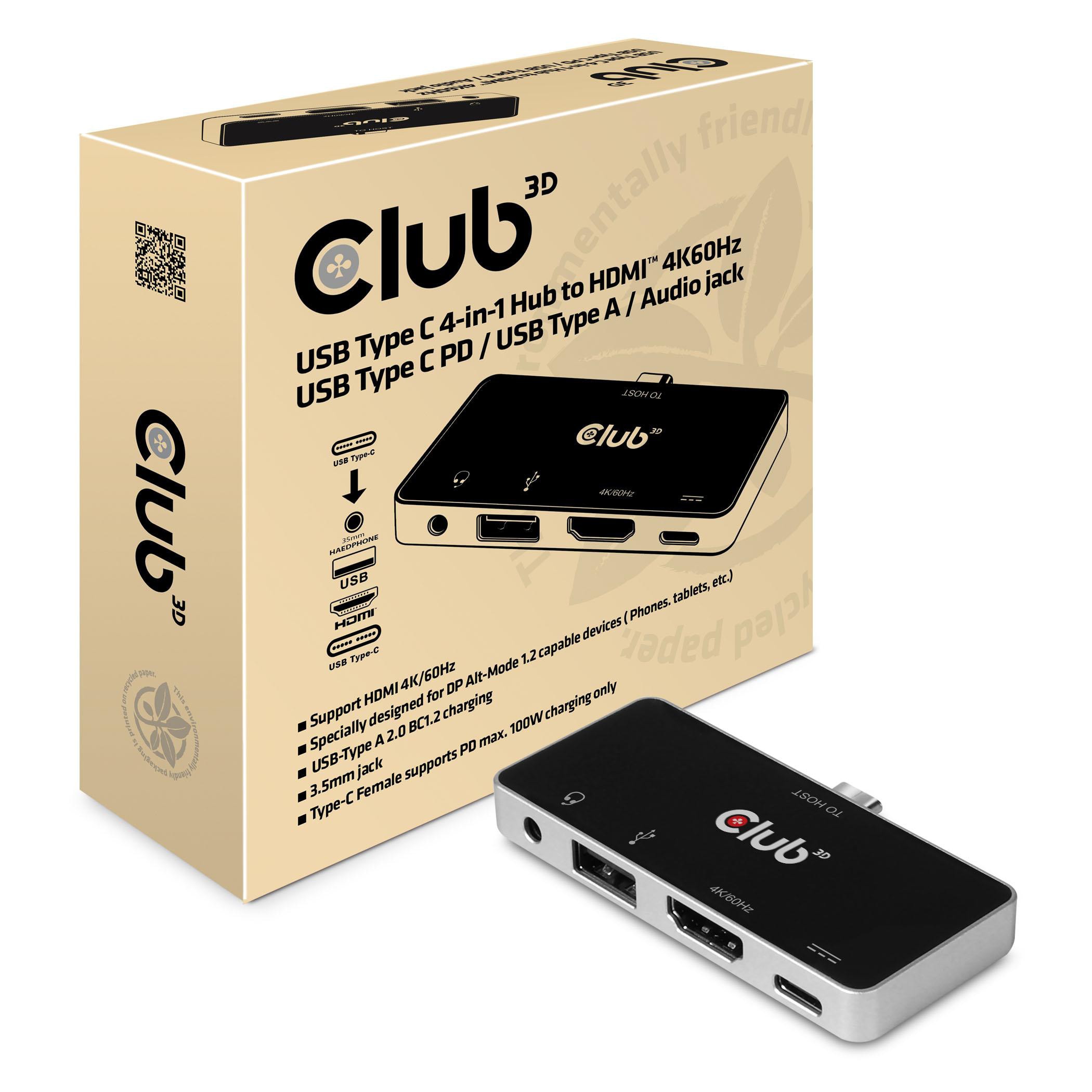 Club 3D CSV-1591 USB-C 4-in-1 Hub / HDMI 4K60Hz USB-C PD / USB A / Audio Jack