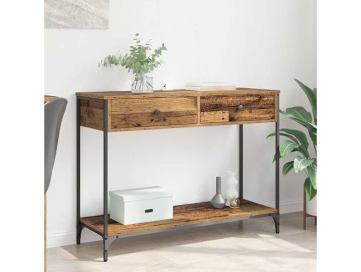 YUTAASU Konsolentisch Altholz 100 x 34,5 x 75 cm Mit Schubladen und Fächern, Stahlbeine, Industriestil, verstellbare Füße, Anti-Kipp-Sicherheit