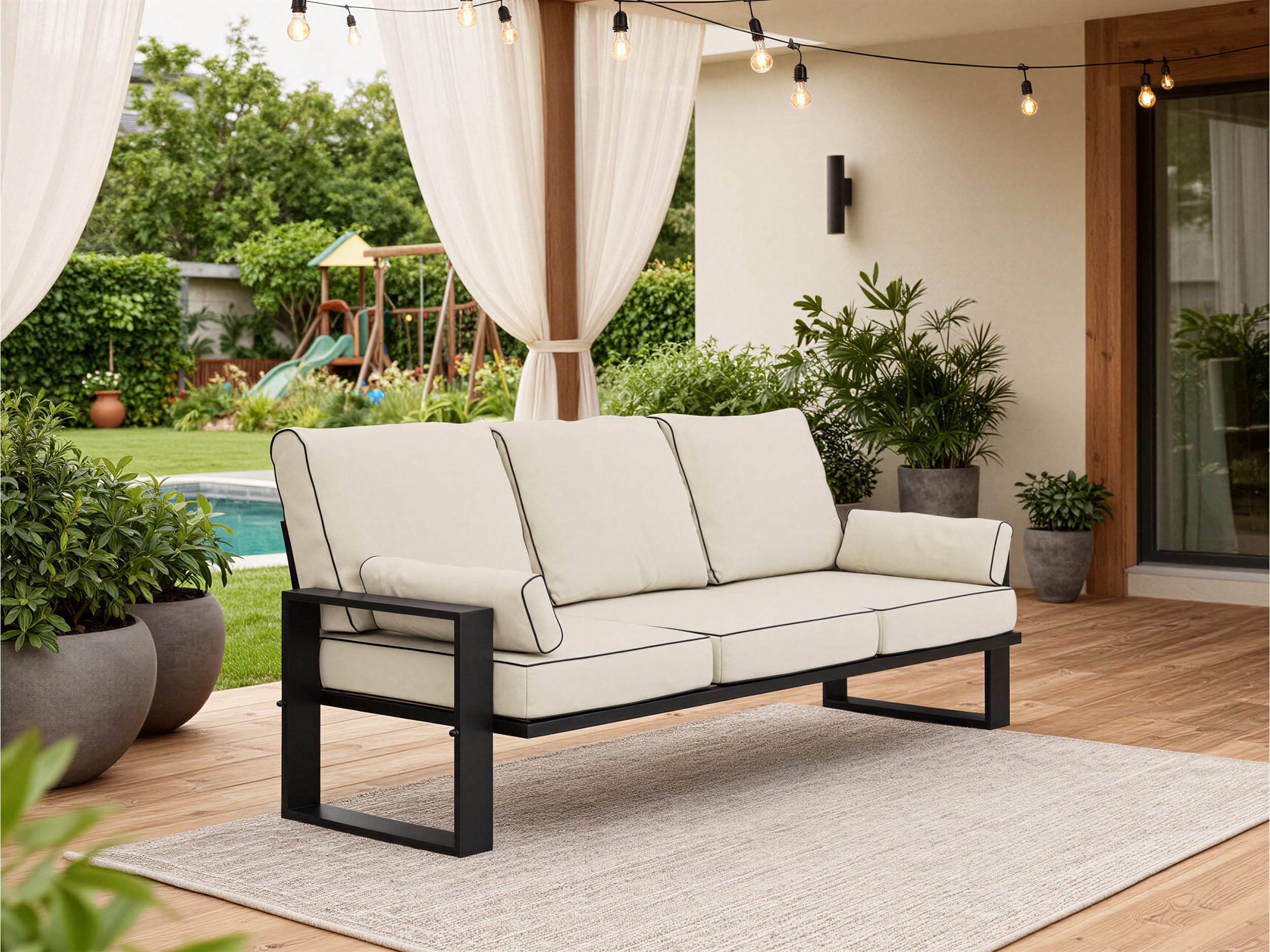 MKS MEBLE Outdoor Sofa, Wellenfeder, Terrasse, Metallbeinen, Wetterfest, 3-Personen - ELBA - beige