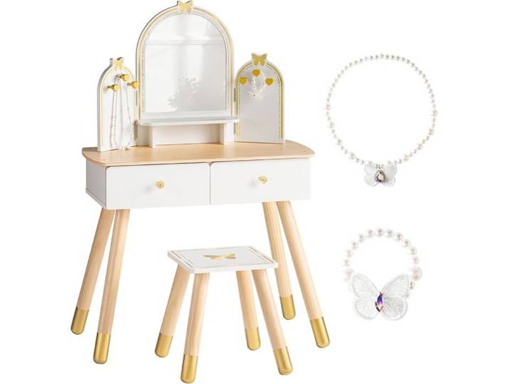 ROBUD Coiffeuse Enfant Blanche avec Miroir Papillon et Tabouret Table de Maquillage Fille avec 2 Tiroirs dès 3 Ans