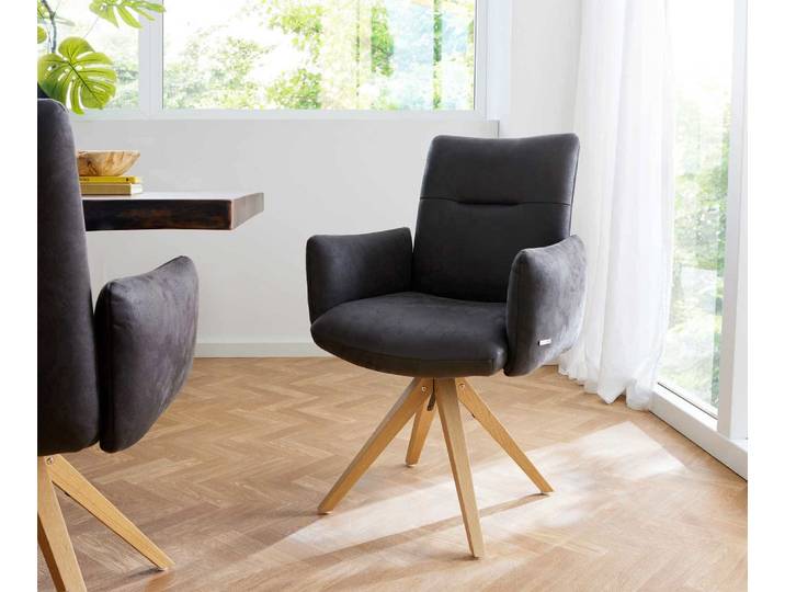 Drehstuhl Jova-Flex mit Armlehnen Mikrofaser Anthrazit Vintage Holzgestell kantig Natur 360° drehbar Taschenfederkern, Esszimmerstühle