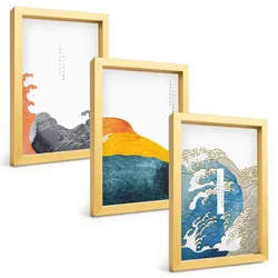 BILDER SET 3er Set - 20x30 cm Goldrahmen - Wellen des japanischen Grafikstils