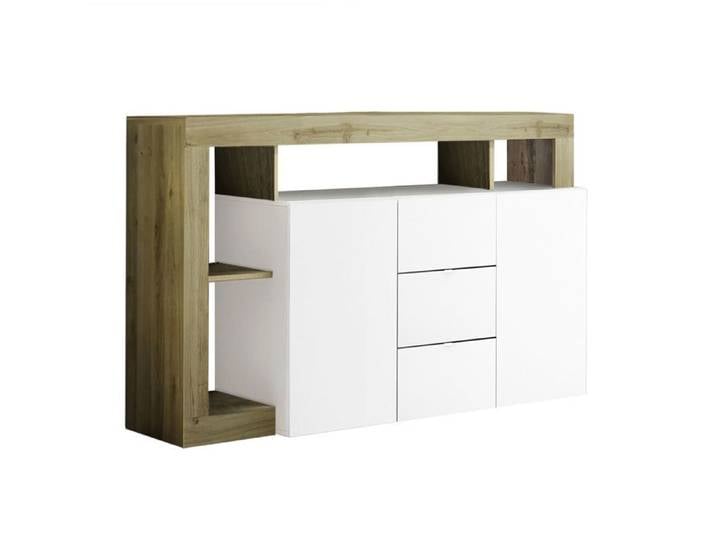 ARTURO - Buffet 2 Portes 3 Tiroirs Blanc Laqué Encadrement Niches Aspect Bois Cadiz