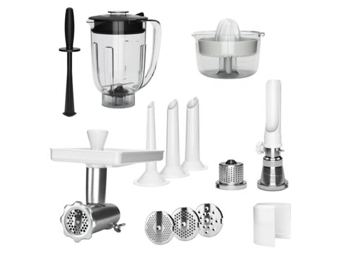 Ankarsrum DeLuxe Package für Assistent Original 6230 Fleischwolf Komplettpaket, Mixeraufsatz, Passier- & Reibevorsatz, Zitruspresse, 4 Lochscheiben & Wurstfüllaufsätze