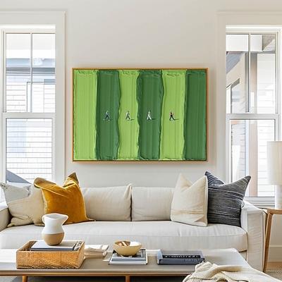 Golf-Wandbild mit strukturierter Fairway-Malerei und Miniaturspielern auf grüner Leinwand