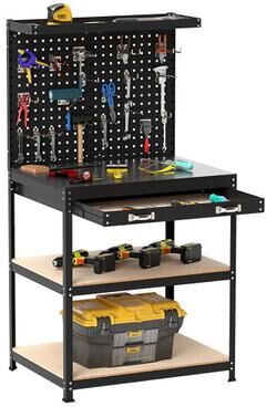Costway 32 x 16 Inch Workbench Work Table with 2 PCs Pegboard Drawer and Shelves-Black