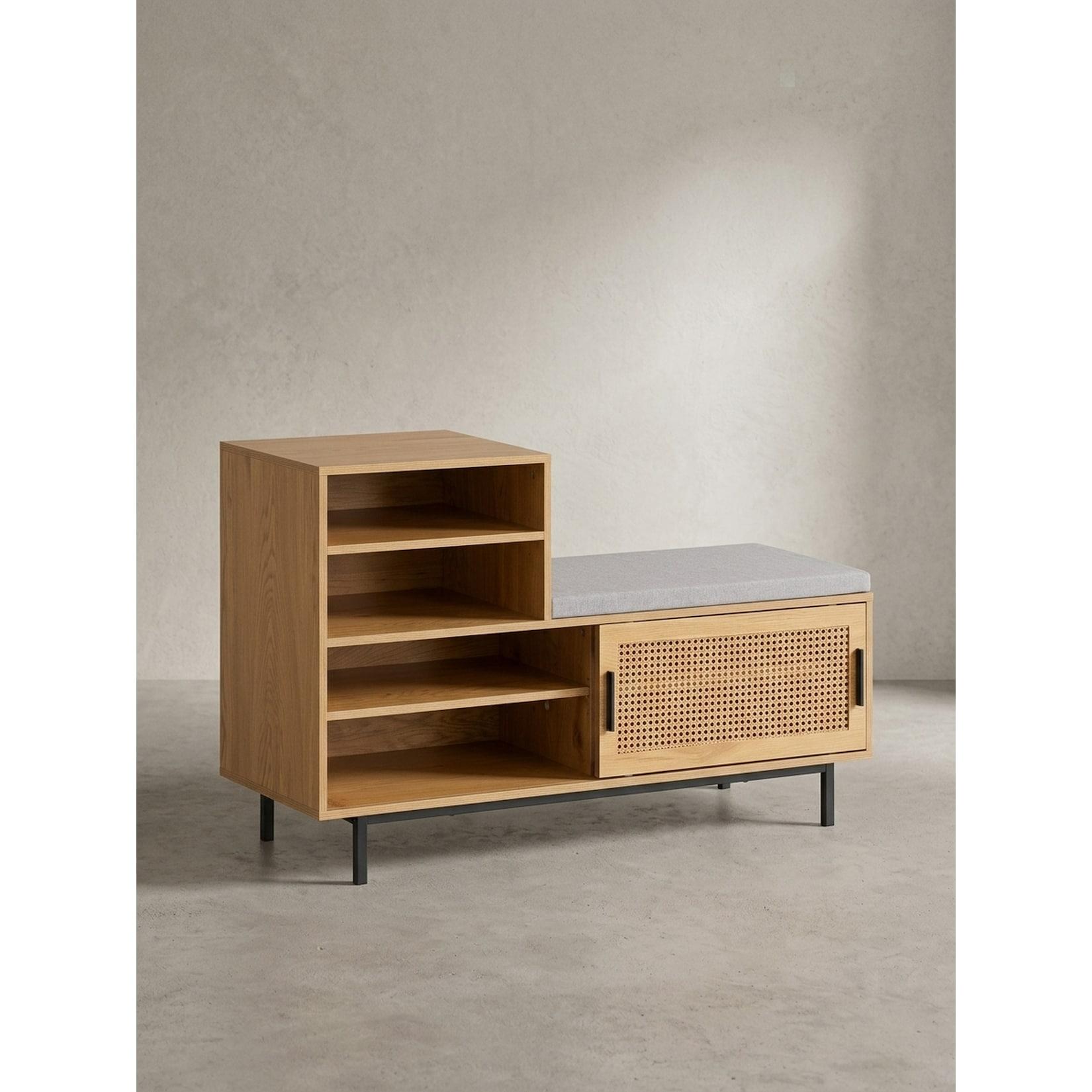 Schuhbank – Eiche-Dekor, 120x75,5x40 cm, Rattan-Elemente, Sitzbank gepolstert