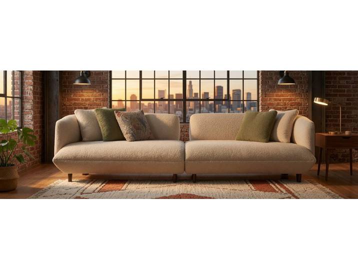JVmoebel Sofa Breites Sofa Bouclé Beige Grüne Kissen Holzbeine Modern, 1 Teile, Made in Europa