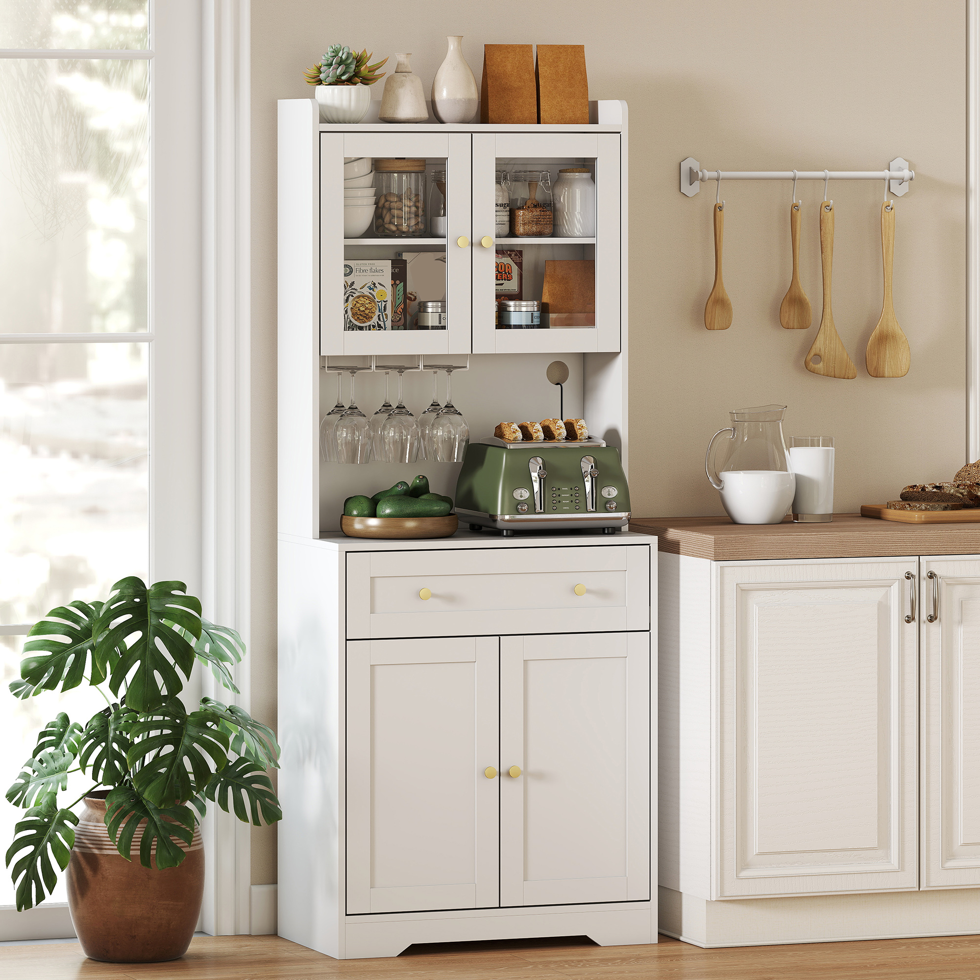 Homcom Armadio da cucina con piano di lavoro e portabicchieri, 170 cm, bianco   Aosom Italy