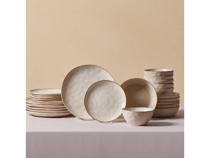 Karaca Aria - Geschirrset 6 Personen Steingut, Teller Set 24 Teilig mit Servierplatte, Müslischalen, Frühstücksteller, Pasta Teller Tief, Essteller, Mikrowellen Steingut Geschirr Set - Beige