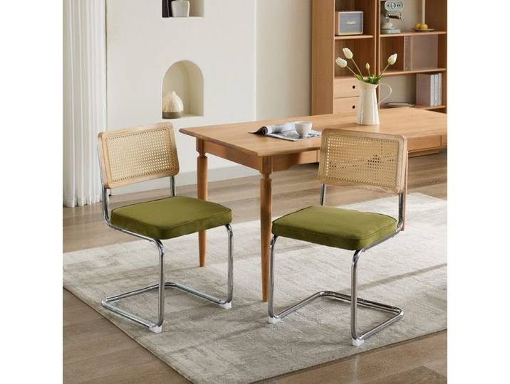 NuvlaGu - Chaises de salle à manger en rotin - Lot de 2 - assises en velours structure en métal style vintage-moderne - Vert