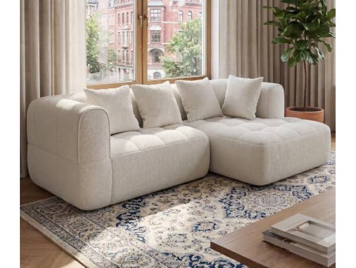 JUMMICO Modulares Sofa,Ecksofa, Keine Montage Erforderlich,250cm Breit Schlafsofa, vakuumverpackt, mit großer Chaiselongue Chenille‑Stoff Couch Kleines für Wohnung und Wohnzimmer,White
