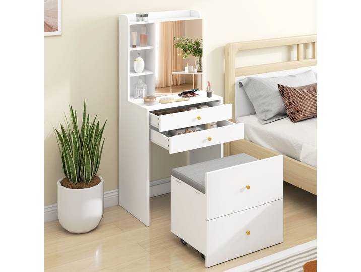 HOMCOM Coiffeuse Blanc avec Miroir, Tabouret, Armoire, Tiroirs