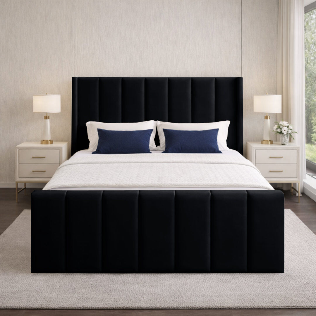 17 Stories Premium Wingback Storage Bed Frame Black Double (4'6)