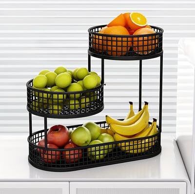 Modern Mode Marketplace Stainless Steel Fruit Basket & Metal Fruit Bowl Organizer Elegant Tiered Kitchen Storage Rack black