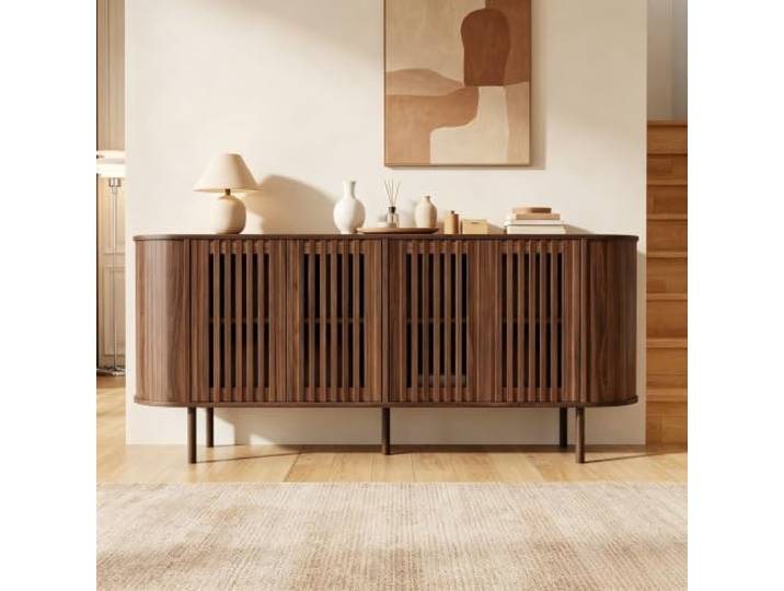 Merax Sideboard, Kommode mit 4 Schiebetüren, verstellbaren Böden,Walnuss 4 Schiebetüren, viel Stauraum, verstellbare Einlegeböden, MDF-Korpus, Metallbeine, 75 kg belastbare Oberfläche