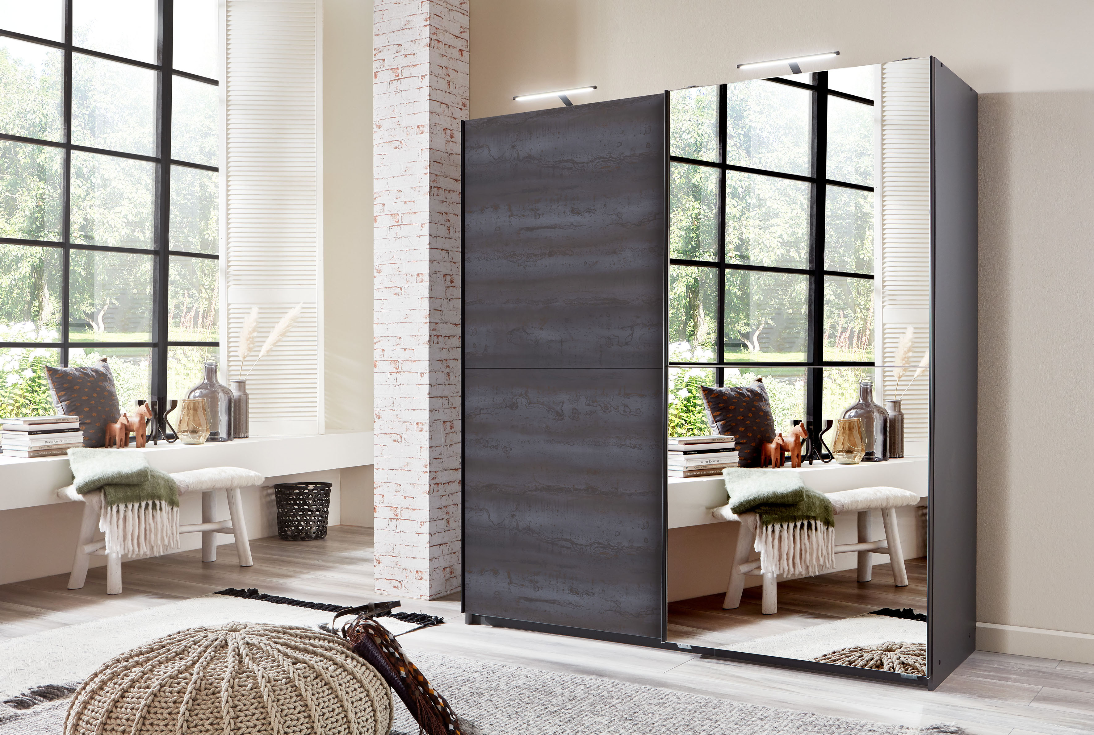 Schwebetürenschrank WIMEX "Herne", grau (graphit, front digi, steel optik), B:180cm H:198cm T:64cm, Holzwerkstoff, Schränke, Schwebetürenschrank, Mit Spiegeltür graphit, front digi, steel optik Graphit, B/H/T: 180cm x 198cm x 64cm, Türen: 2 Stk.