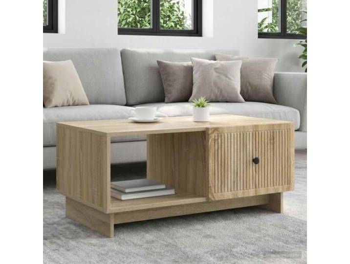 pokgdf Couchtisch Sonoma-Eiche 90x50x40 cm Holzwerkstoff mit Stauraum Rechteckige Form, Metallgriffe, Pendeltür, pflegeleichte Oberfläche, vielseitig nutzbar