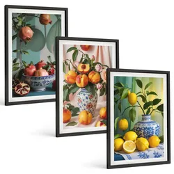 BILDER SET 3er Set - 40x60 cm Schwarzer Rahmen - Granatäpfel, Pfirsiche, Zitronen