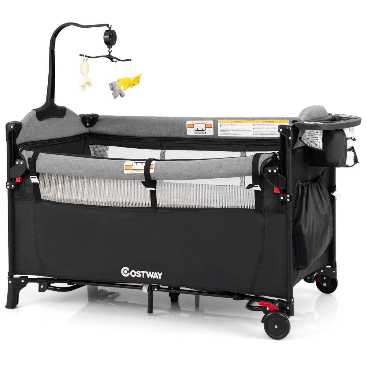Costway Baby Ledikant 5-in-1 Converteerbaar Babybedje met Verschoontafel, Opbergzak, Hangend Speelgoed en Draagtas - Zwart