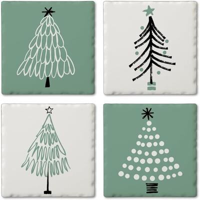 Thirstystone Scandinavian Holiday Trees 4-Pack Assorted Tumbled Tile Stone Coasters with Protective Cork Backing Manufactured in The USA