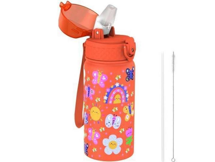 Kinder Trinkflasche 420 ml Edelstahl isoliert mit Strohhalm, Mehrfarbig, Metall, 7.5x7.5 cm, Geschirr, Kannen & Karaffen, Trinkflaschen