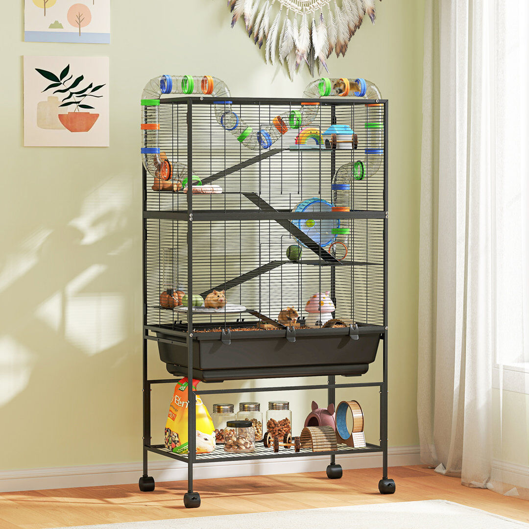 PawHut Hamster Cage 5 Tier Gerbil Cage on Wheels with Storage Shelf Black 150cm H X 82cm W X 46cm D