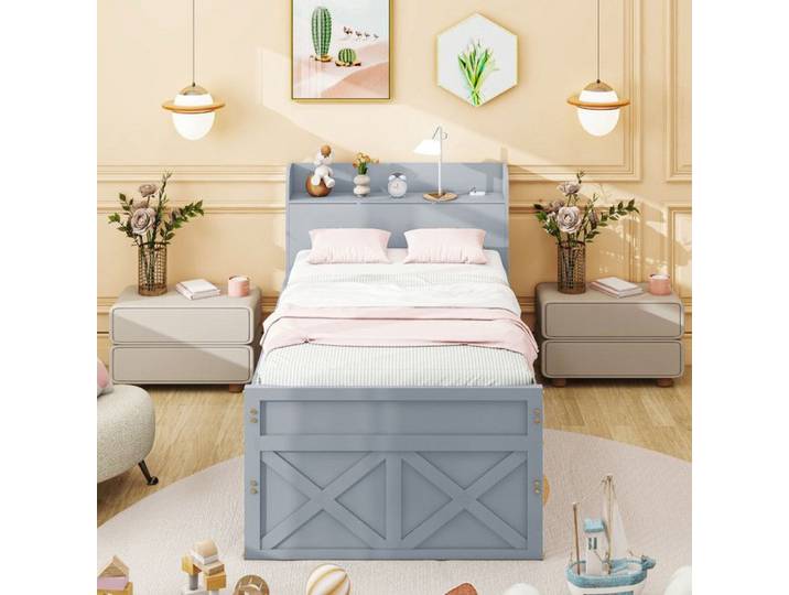 Lit simple 90x190cm avec tiroir coulissant en bois massif - MODERNLUXE - Gris