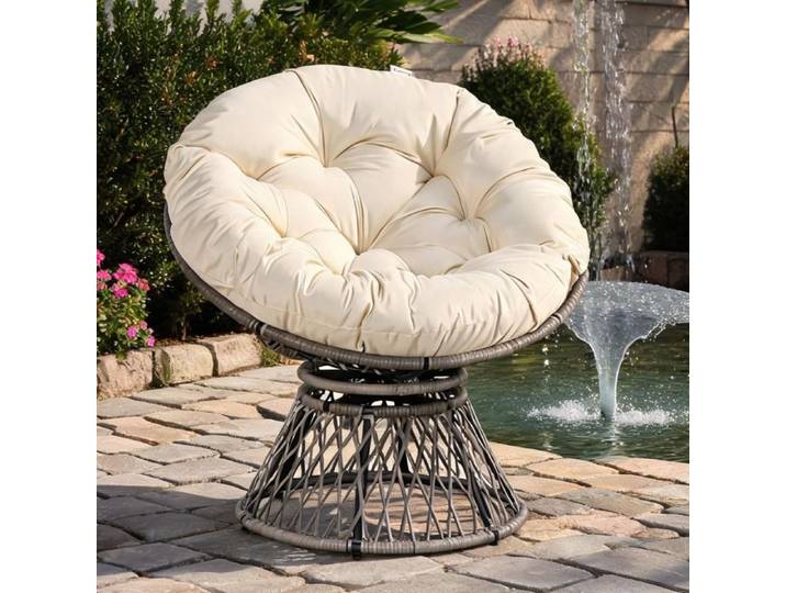 Fauteuil papasan pivotant en résine tressée coussin polyester crème Ø 97 cm