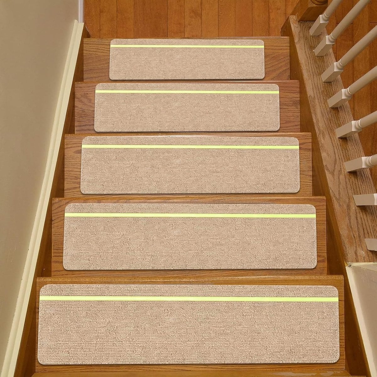 15 stuks zelfklevende antislip trapmatten met Glow in Dark strepen, beige, 76 x 20 cm
