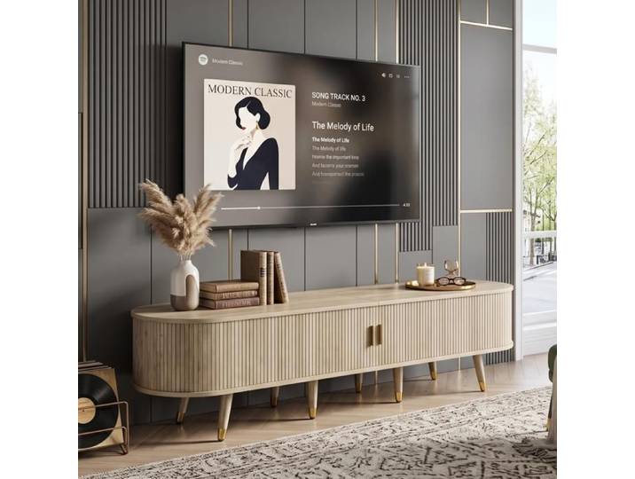 Meuble TV 175cm Grand Rangement Design Soigné Grain Vertical Coins Arrondis Style Rustique Chic - Chêne Clair