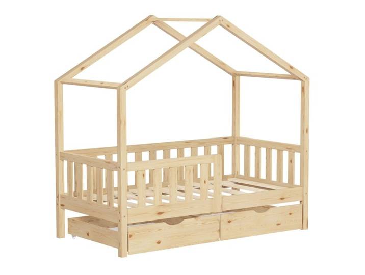 Lit cabane enfant ML-Design 70x140cm naturel bois massif 2 tiroirs antichute toit et sommier à latte