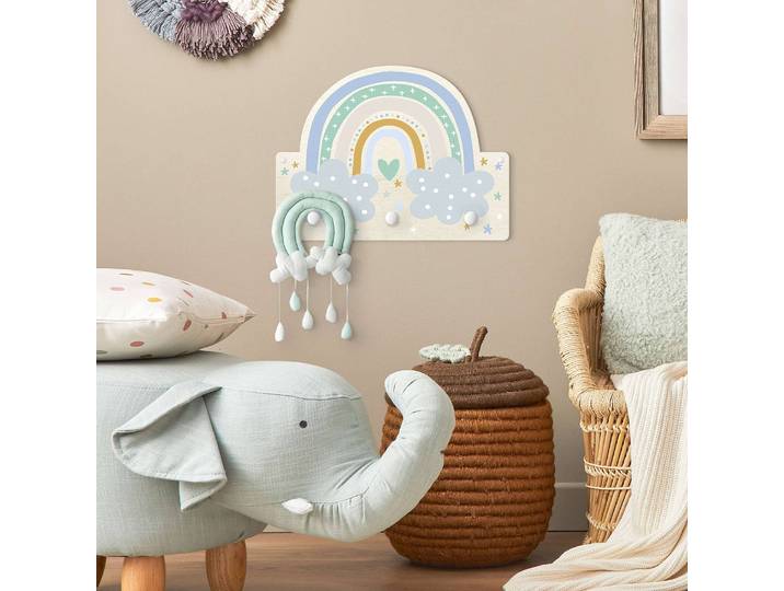 Patère enfants Arc-en-ciel avec nuages 40 x 30 x 1cm Gris/Turquoise